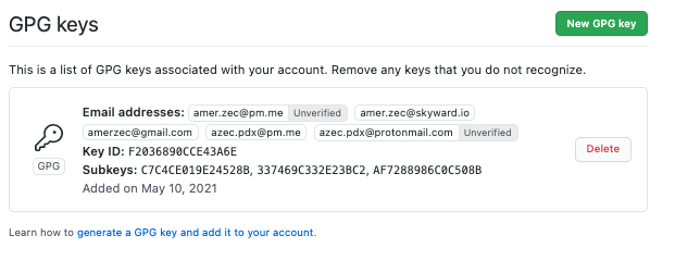 GitHub GPG key / verified emails