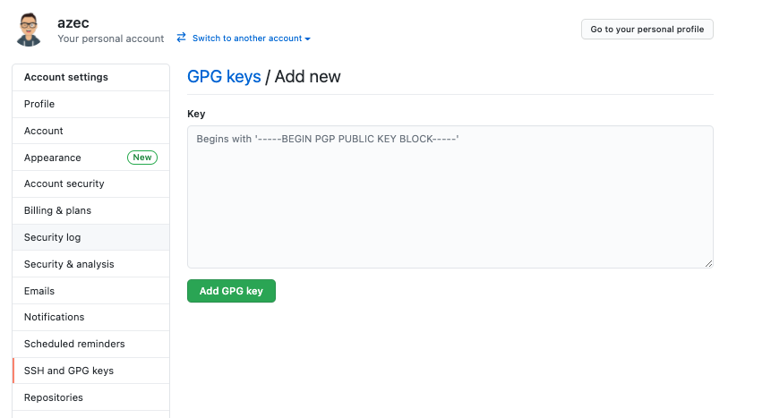 GitHub GPG keys / Add new
