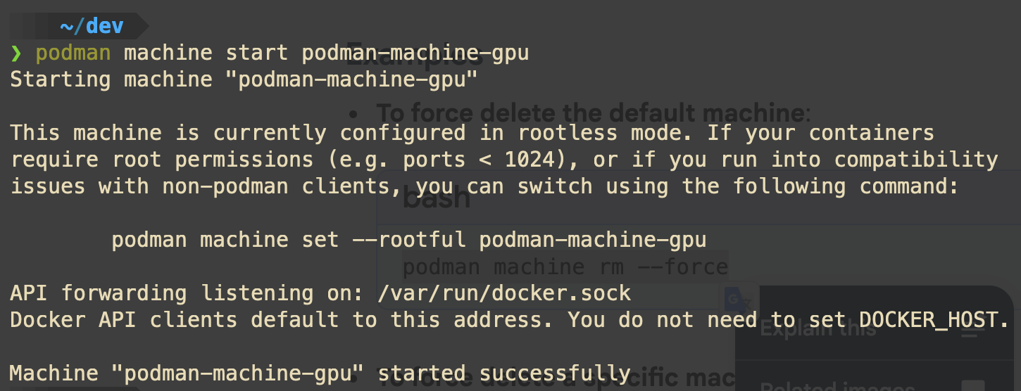 New Podman machine running and using 'libkrun'